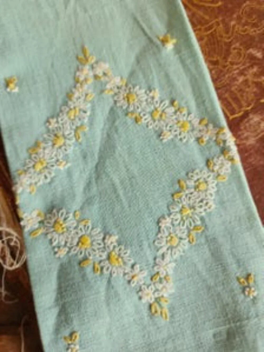 Vintage 1930s Tea Towel, Mint Green Linen with Daisy Floral Embroidery Fingertip